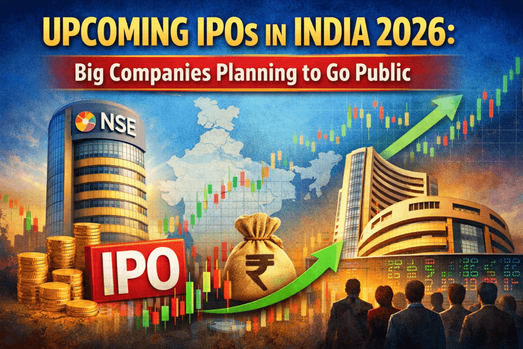 Upcoming IPOs in India 2026 with stock market charts, NSE building, and growth arrows