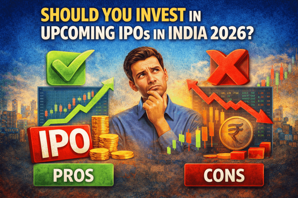 Pros and cons of IPO investment in India 2026 with rising and falling stock indicators