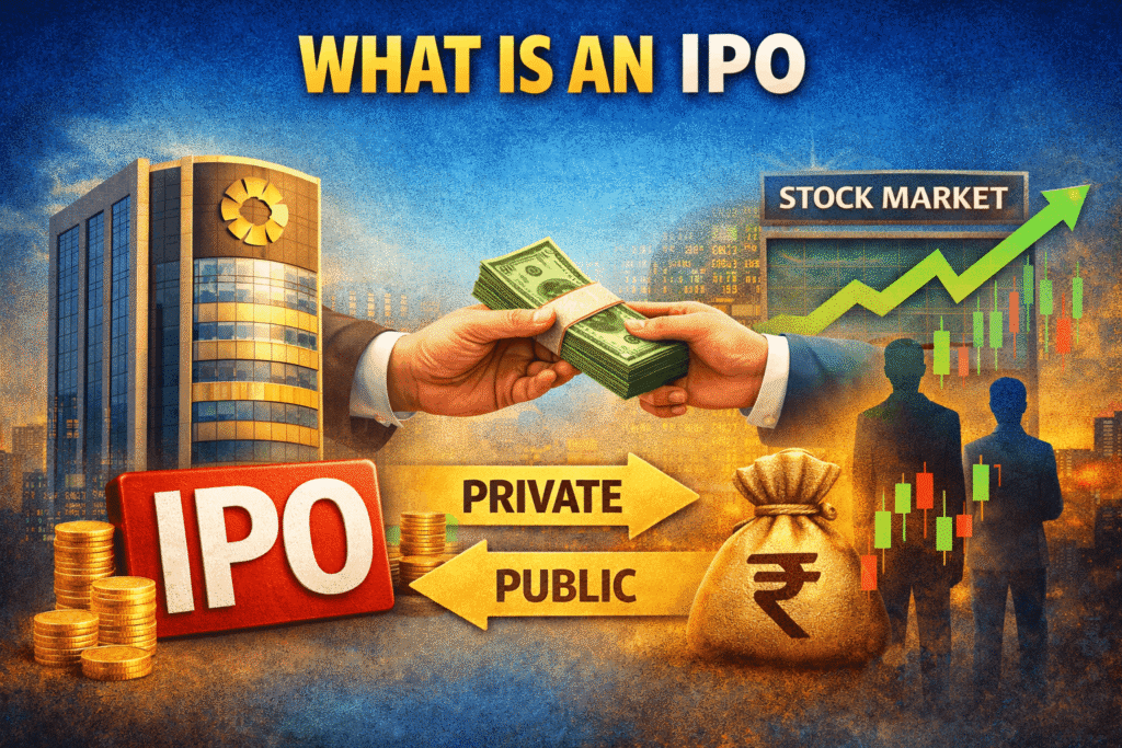 Illustration explaining IPO meaning with private to public transition and stock market visuals