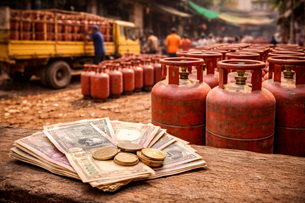 LPG cylinders with Indian rupee notes illustrating possible price increase concerns during LPG shortage in India