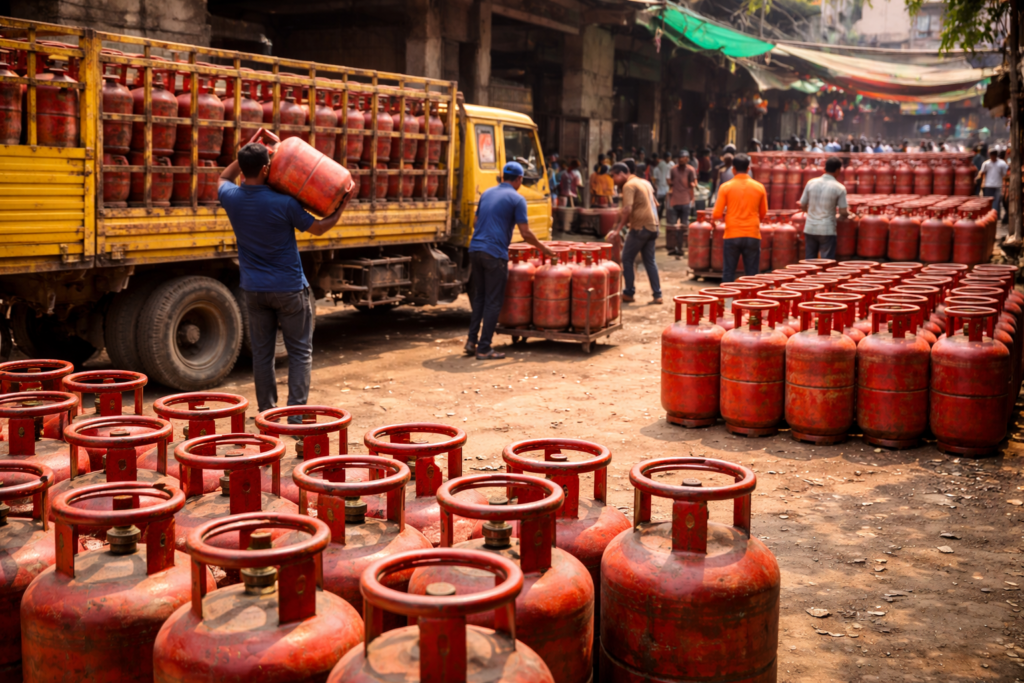 Workers unloading LPG cylinders from a truck during LPG shortage affecting gas supply distribution in India
