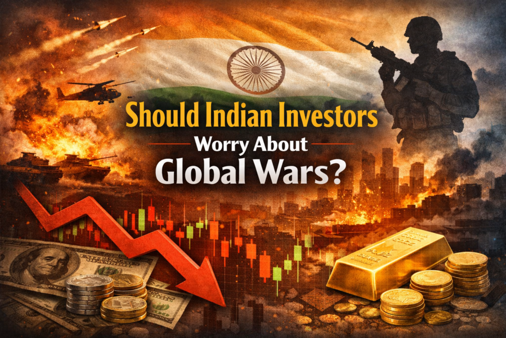 Global conflict and falling stock market graph showing the war impact on Indian stock market with gold and currency symbols.