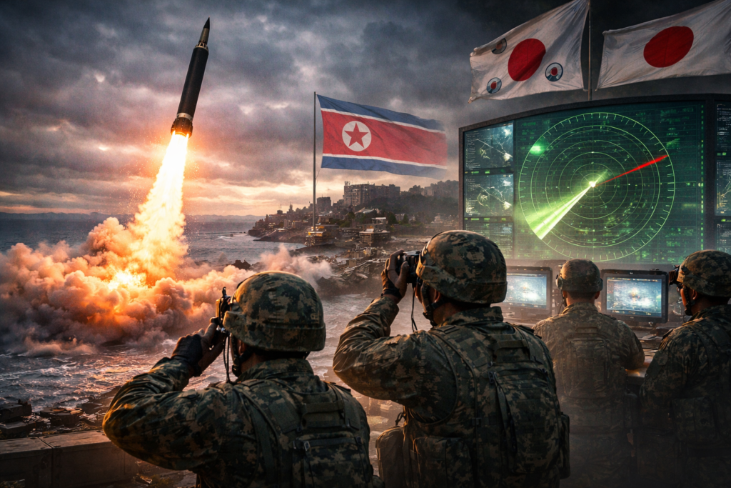 Ballistic missile launch during a North Korea missile test monitored by Asian defense systems