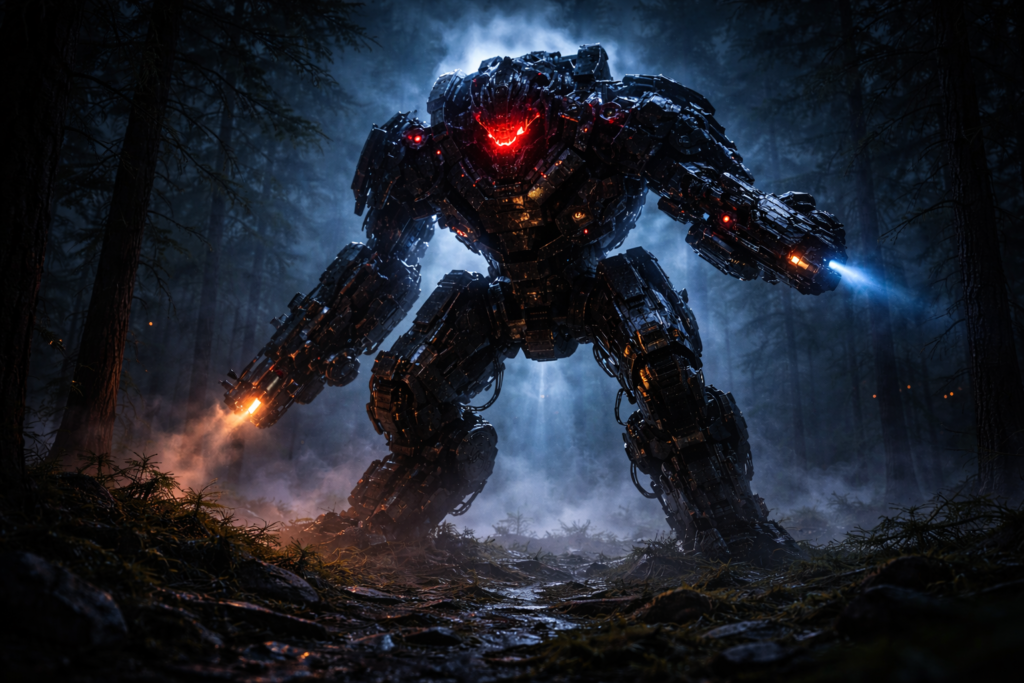 Damaged futuristic war machine lying in a forest battlefield while soldiers cautiously approach after an intense fight