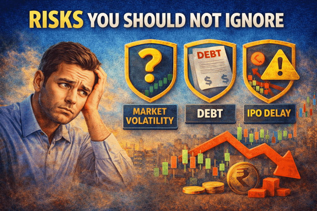 IPO investment risks showing market volatility, losses, and warning symbols