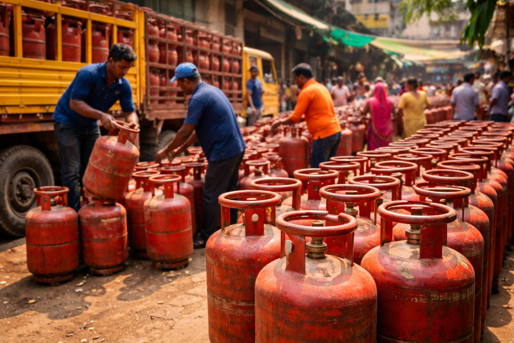 LPG shortage in India showing workers handling red LPG cylinders at a busy gas distribution market
