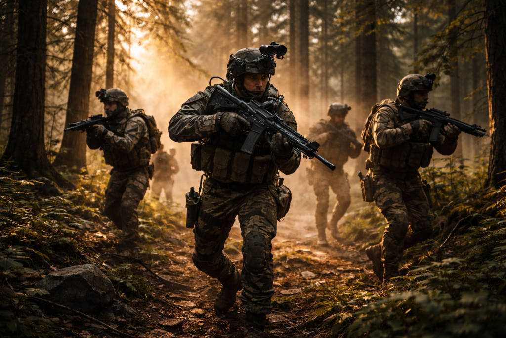 Futuristic autonomous war machine robot standing in a foggy forest at night with glowing sensors and armored body