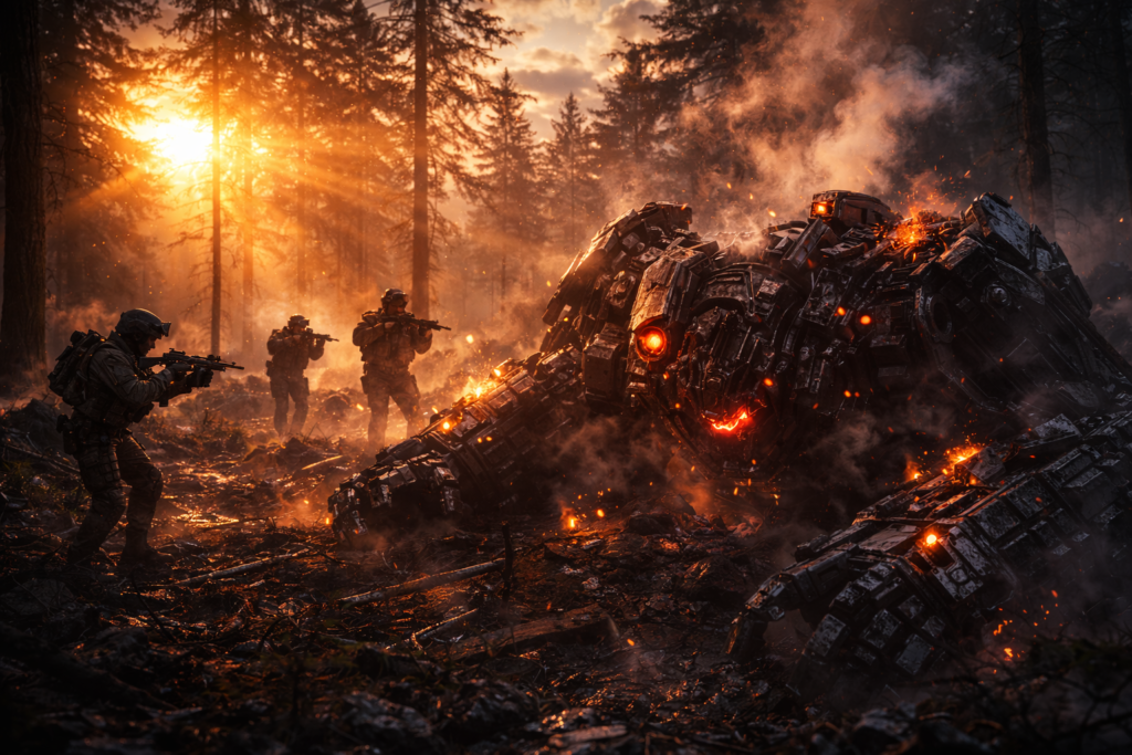 Military ranger recruits moving carefully through a dense forest during a training mission
