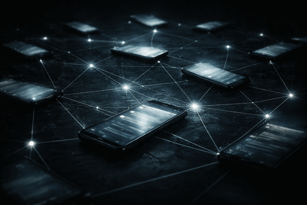 Network of connected smartphones glowing in darkness symbolizing hidden online communities behind the 62 Million Men Group Chat Leak
