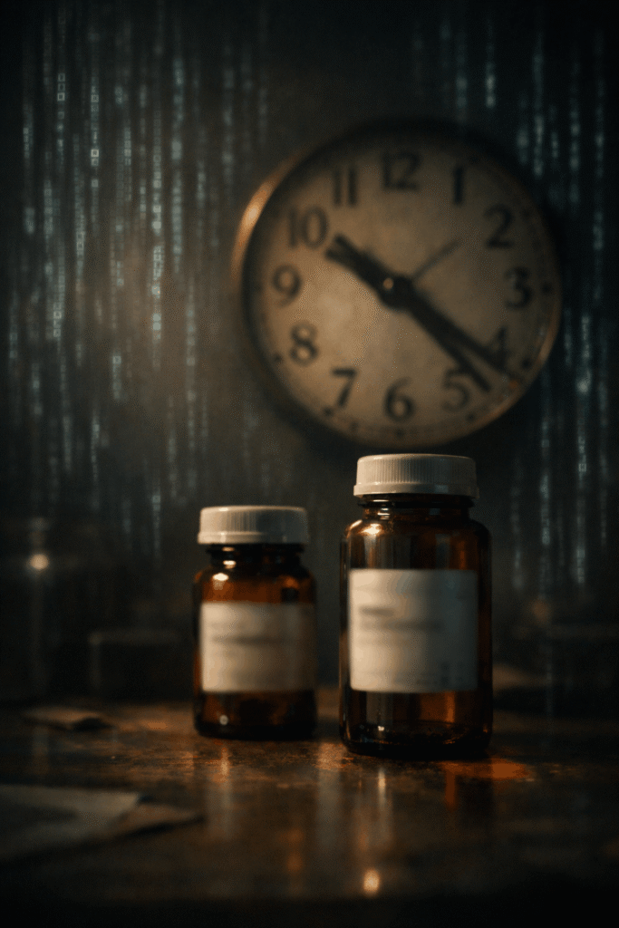 Moody medical concept image with glass containers, digital code overlay, and ticking clock symbolizing hidden evidence in the 62 Million Men Group Chat Leak
