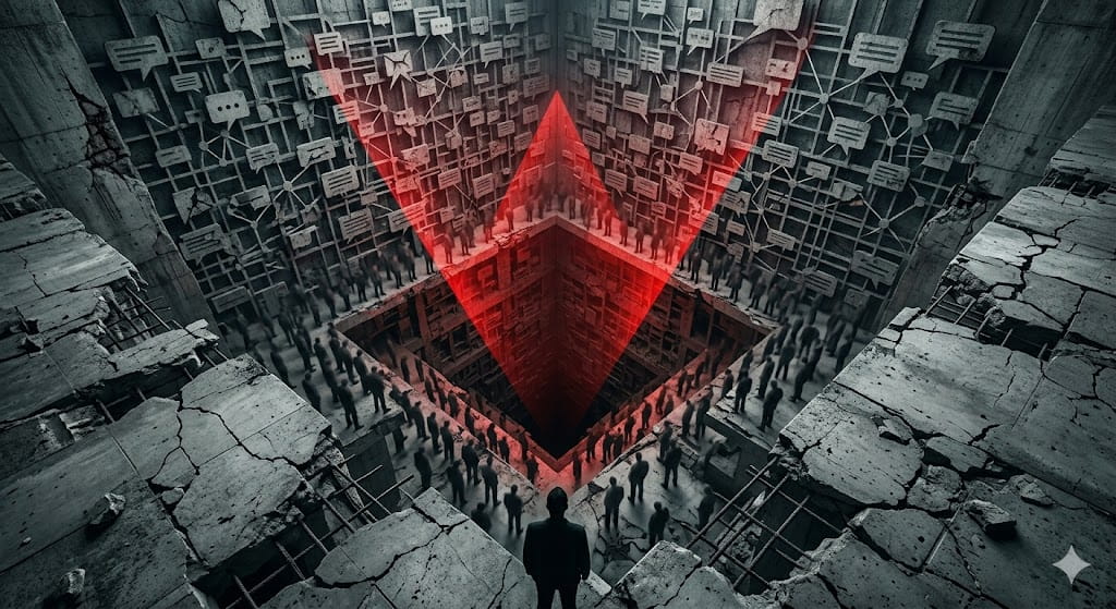 "A dark, industrial digital structure featuring a glowing red pyramid in a deep void, surrounded by silhouettes of men on crumbling stone ledges, representing the rot in online group chat cultures."