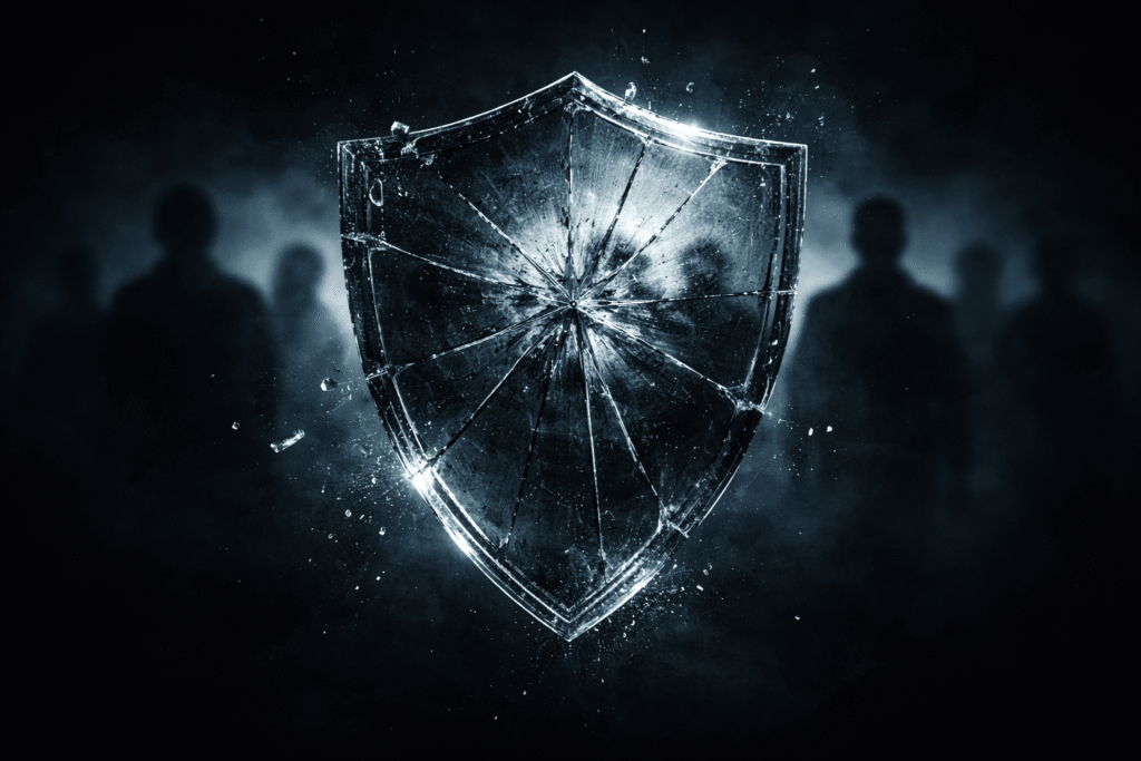Broken glass shield with cracks and human silhouettes in the background representing failed protection in the 62 Million Men Group Chat Leak