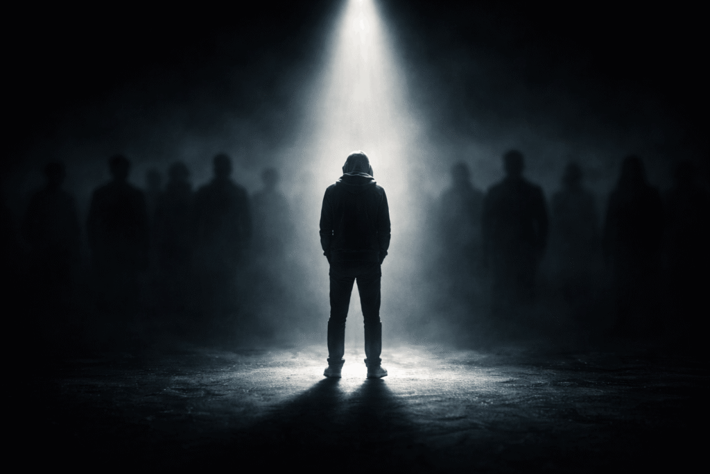 Lone figure under spotlight surrounded by shadowy onlookers symbolizing silence and bystander effect in the 62 Million Men Group Chat Leak