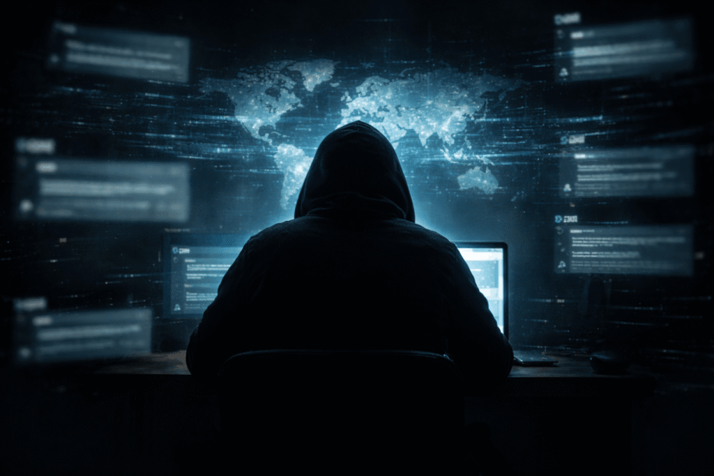 Silhouette of a person using a laptop surrounded by blurred chat windows and data streams linked to the 62 Million Men Group Chat Leak