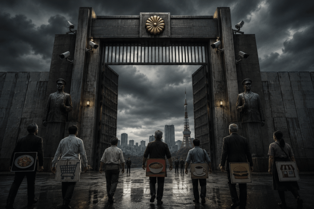Symbolic representation of strict Japan immigration rules impacting foreign business owners