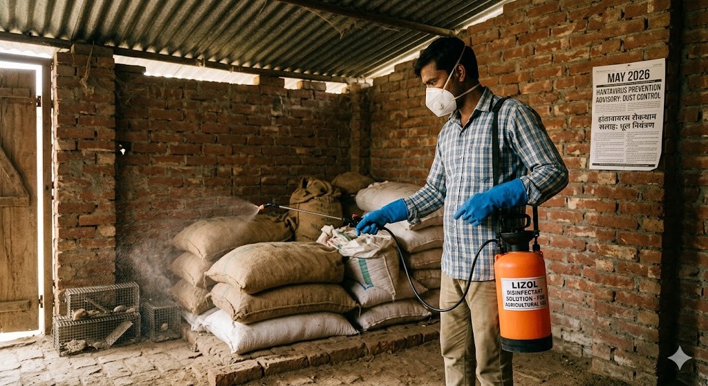 Indian farmer in Bihar using N95 mask and disinfectant for hantavirus prevention in a rural grain godown.