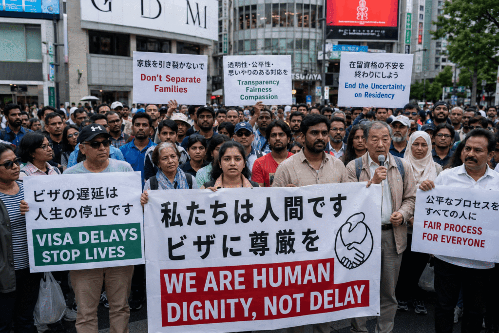 Foreign residents and Indian community members protesting during Japan visa crackdown in Tokyo
