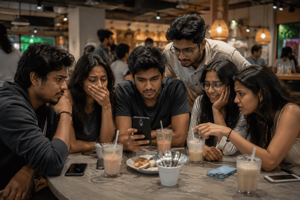 Young Indians reacting to Japan visa crackdown news on smartphones in Hyderabad café