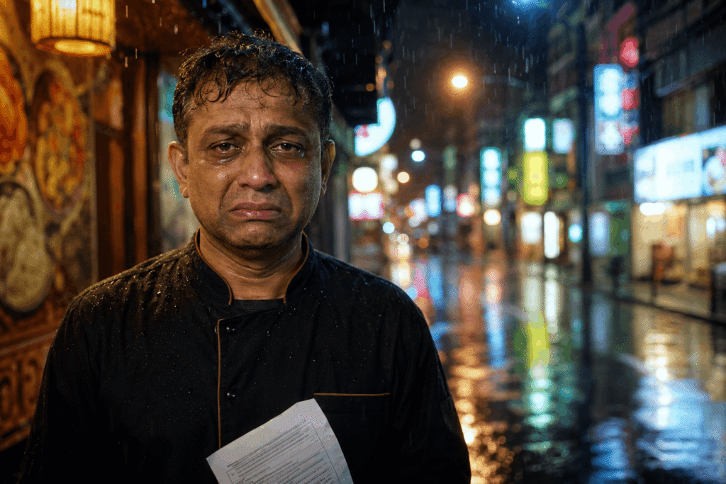 Japan visa crackdown affecting emotional Indian restaurant owner standing outside Tokyo restaurant