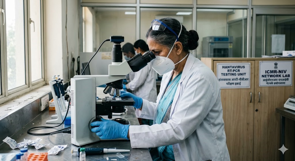 Senior Indian virologist at AIIMS Patna laboratory testing for hantavirus symptoms and RT-PCR samples 2026.