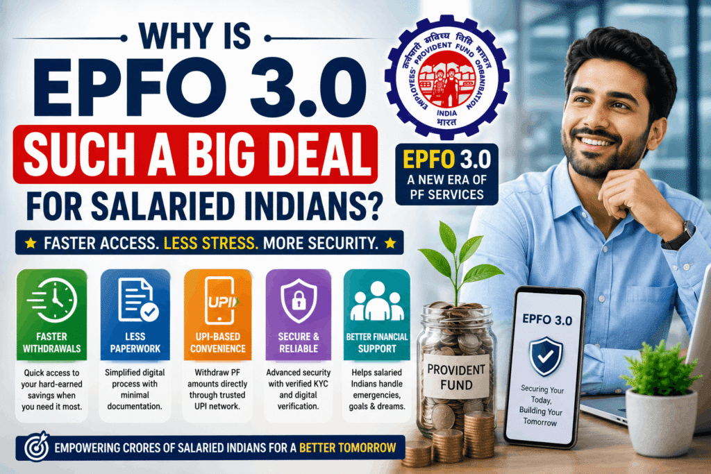 EPFO 3.0 UPI Withdrawal explained with smartphone showing UPI payment app and provident fund account details