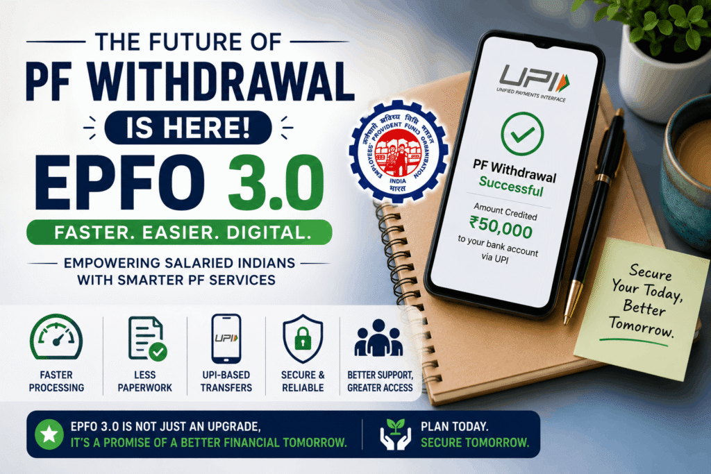 EPFO 3.0 UPI Withdrawal explained with smartphone showing UPI payment app and provident fund account details