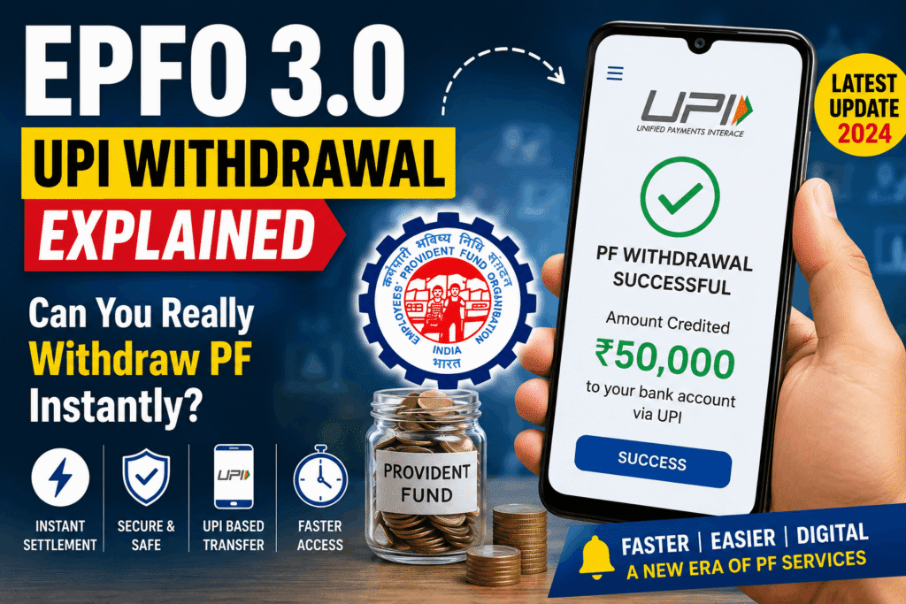 EPFO 3.0 UPI Withdrawal explained with smartphone showing UPI payment app and provident fund account details