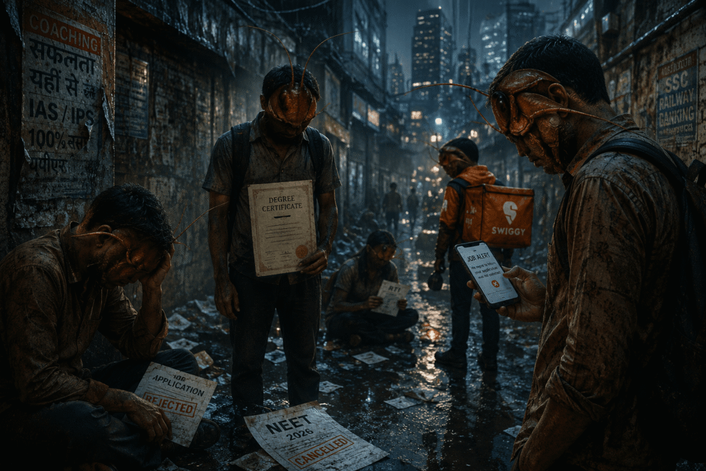 Chief Justice remarks youth controversy showing frustrated unemployed Indian graduates with symbolic cockroach-inspired faces in dark urban India
