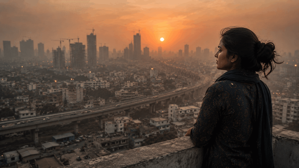Young Indian woman overlooking polluted city during CJI remarks on environmental litigants controversy