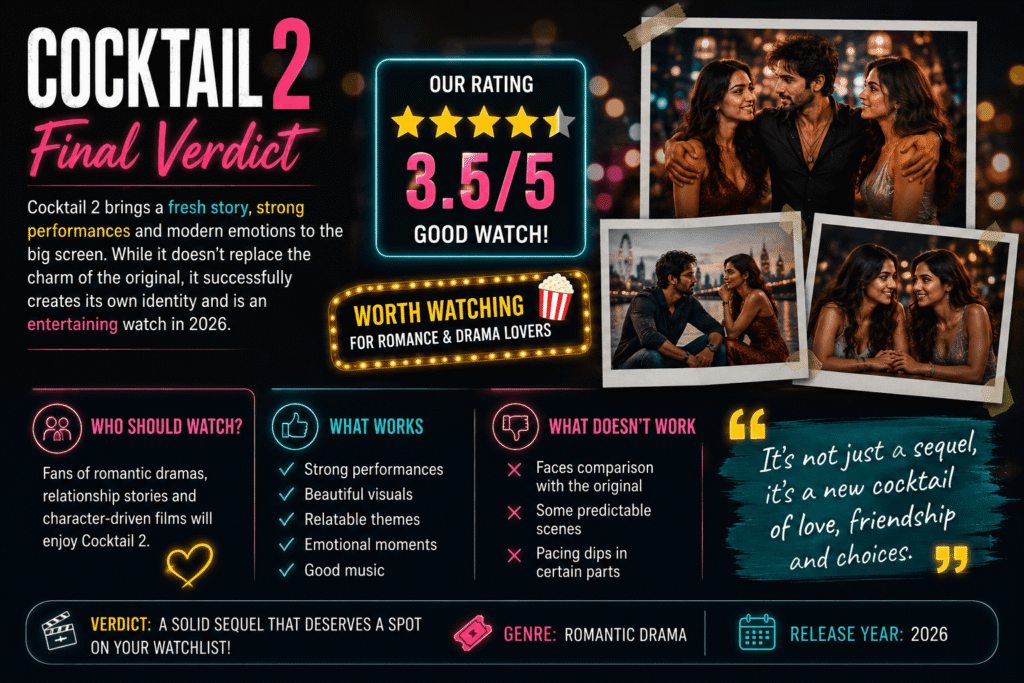 Cocktail 2 Review: Bollywood movie sequel featuring the lead cast in a promotional poster