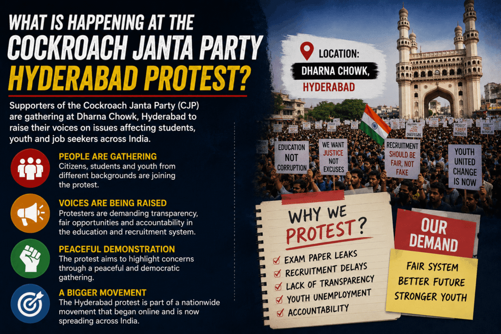 Cockroach Janta Party Hyderabad Protest supporters gathered at Dharna Chowk in Hyderabad