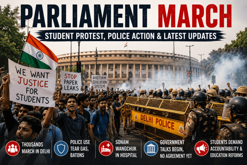 Parliament March showing thousands of students marching toward Parliament in Delhi during the protest
